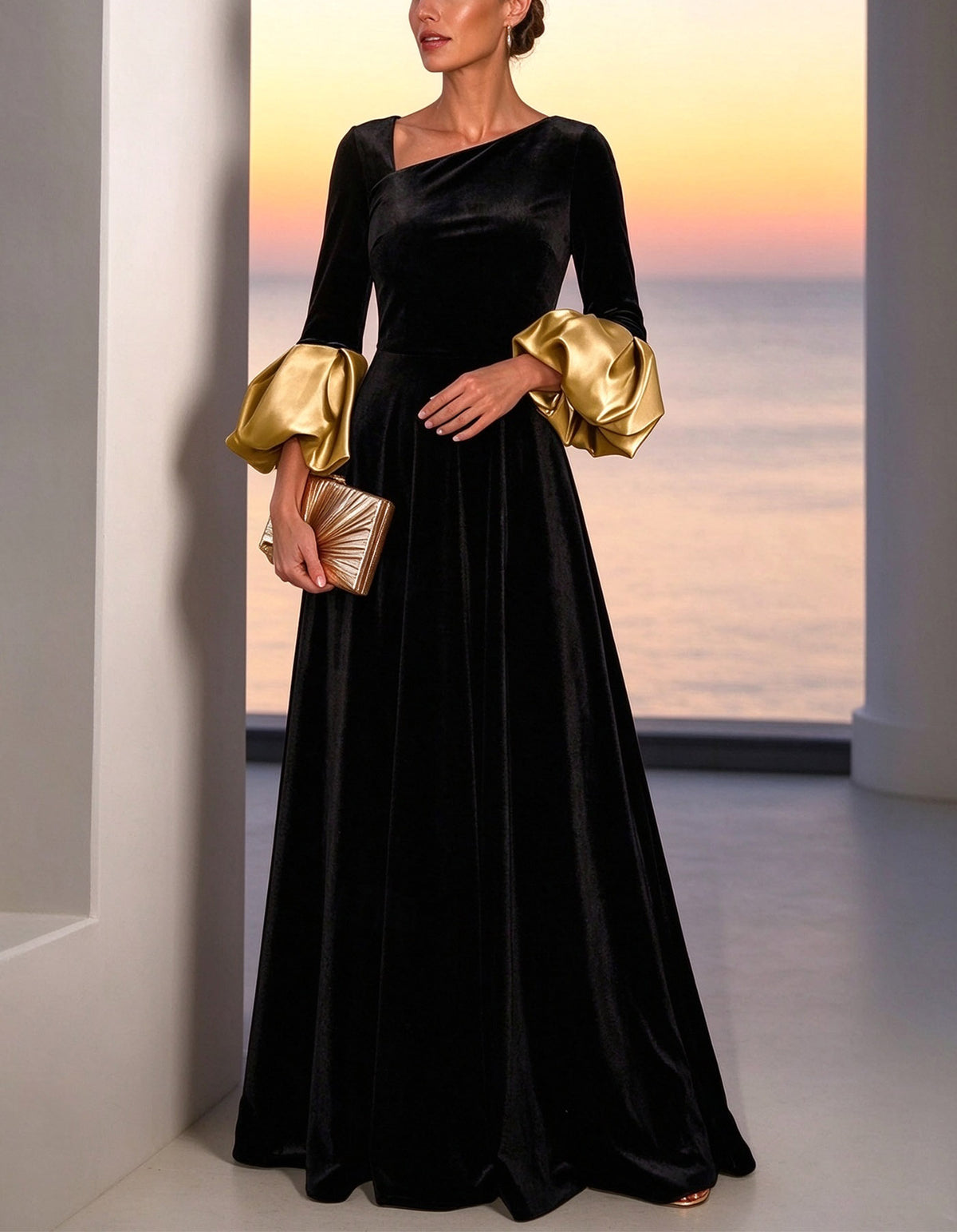 Solid Color Velvet And Satin Cuffs Maxi Dress