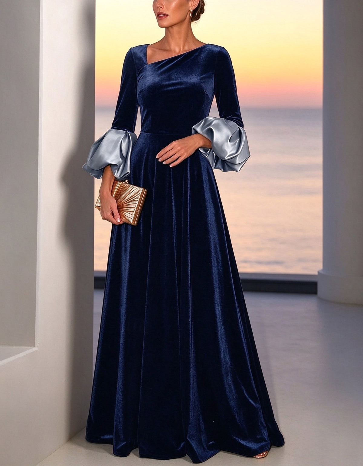 Solid Color Velvet And Satin Cuffs Maxi Dress