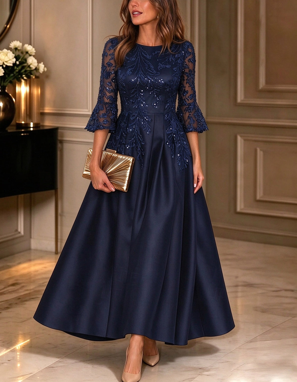 Solid Color Round Neck With Sequin And Satin Paneling Maxi Dress