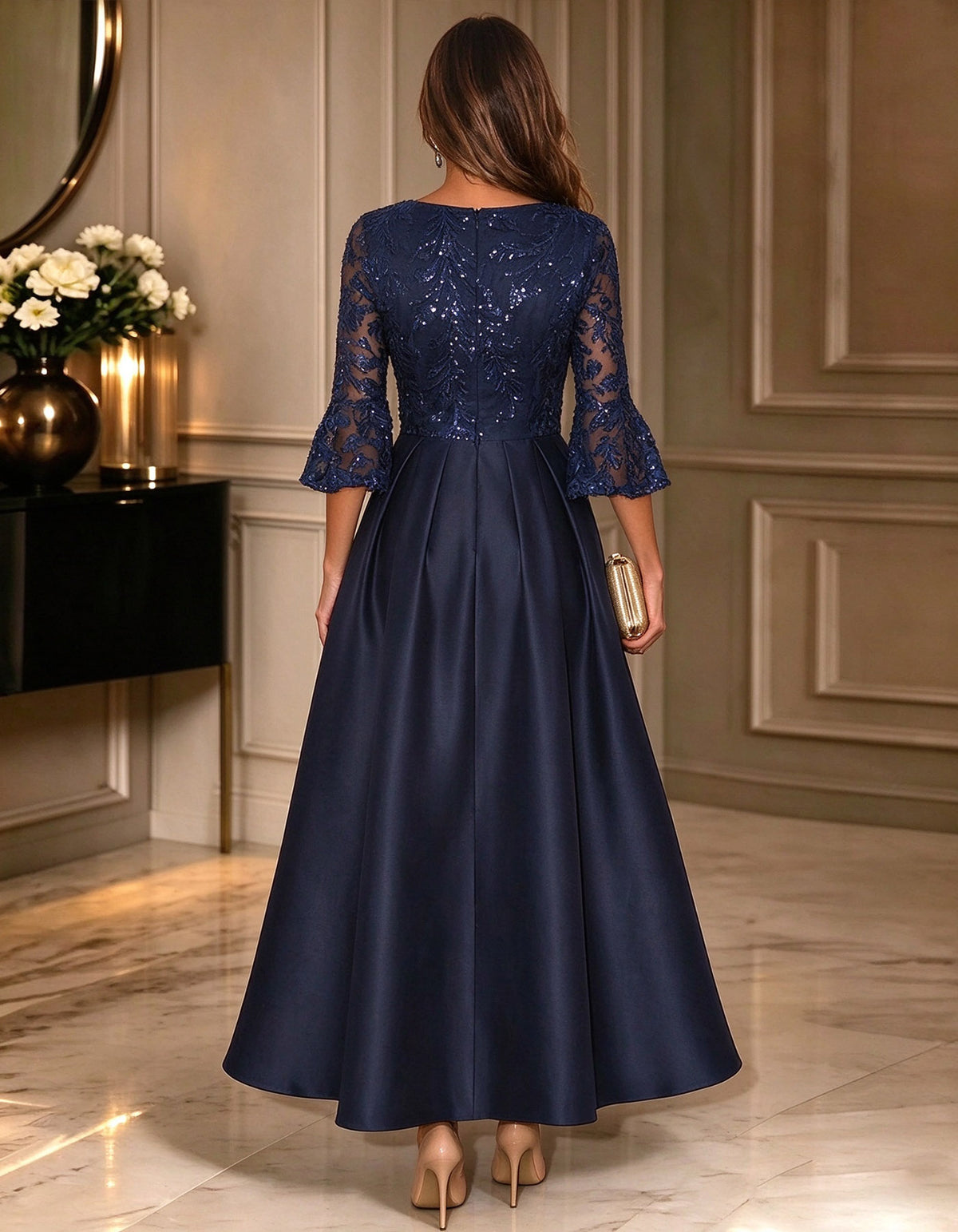 Solid Color Round Neck With Sequin And Satin Paneling Maxi Dress