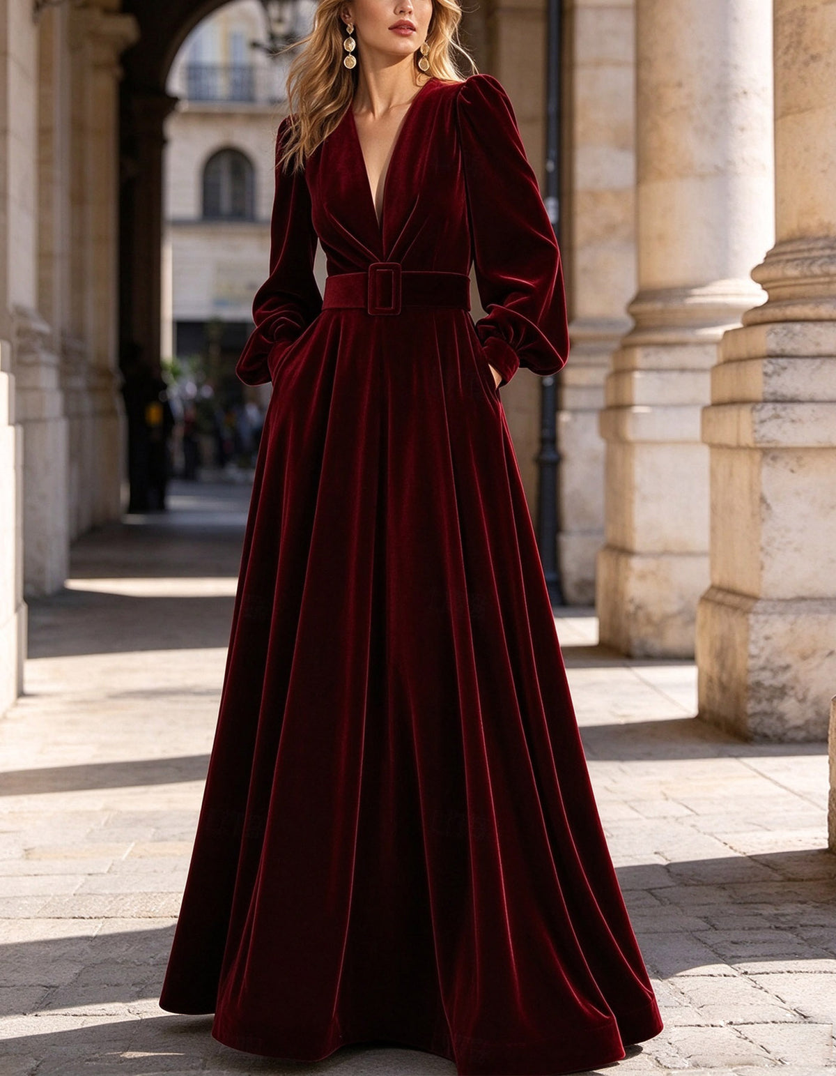 Solid Color Velvet Deep V-Neck Maxi Dress