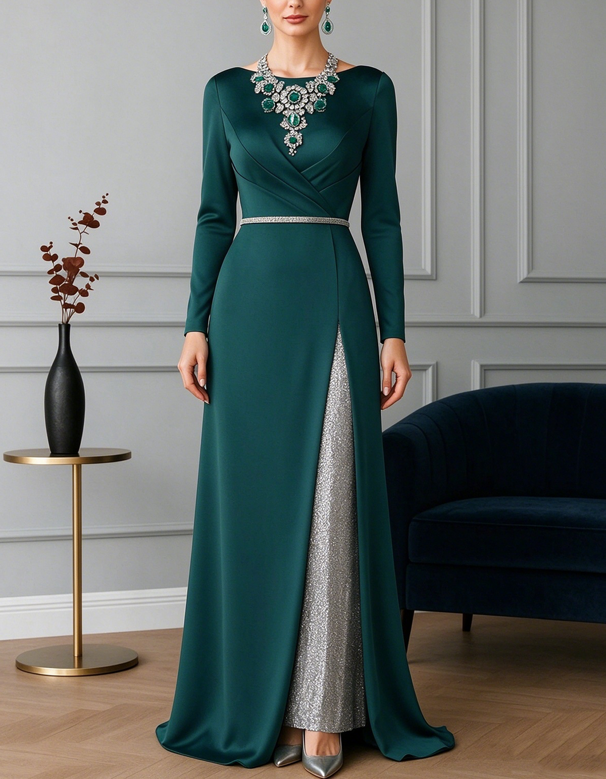 Emerald Green Wrap Front Satin With Sequin Maxi Dress