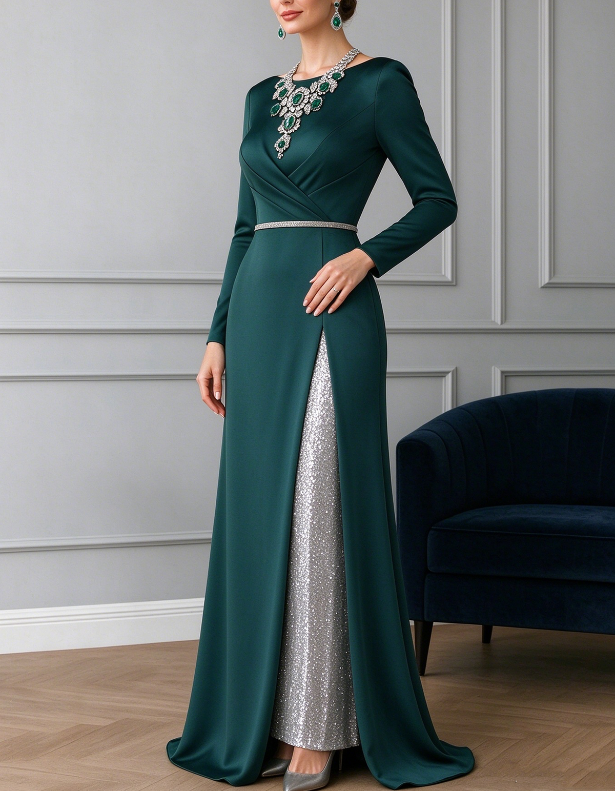 Emerald Green Wrap Front Satin With Sequin Maxi Dress