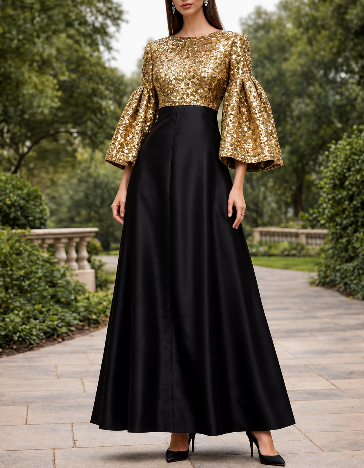 Gold Sequin Bell Sleeve Black Satin A-Line Maxi Dress