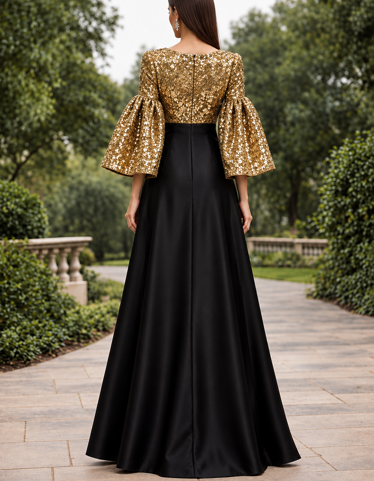 Gold Sequin Bell Sleeve Black Satin A-Line Maxi Dress