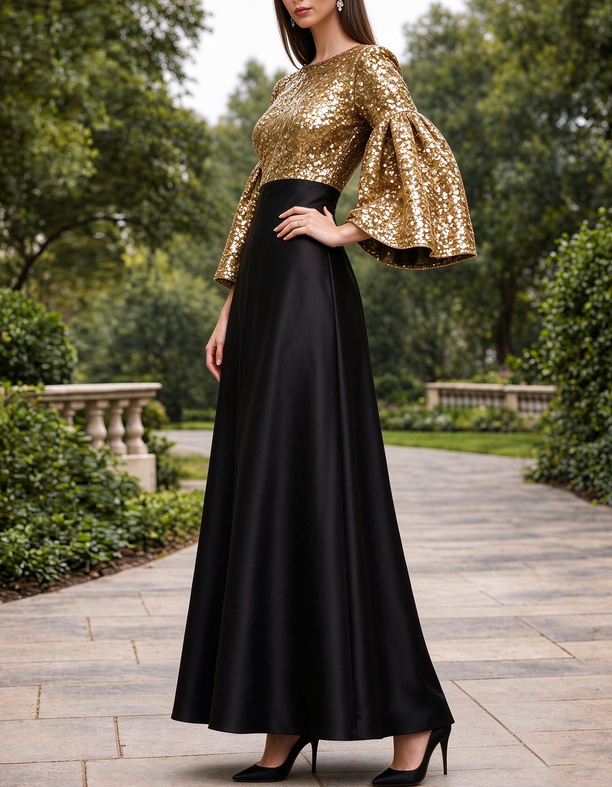 Gold Sequin Bell Sleeve Black Satin A-Line Maxi Dress