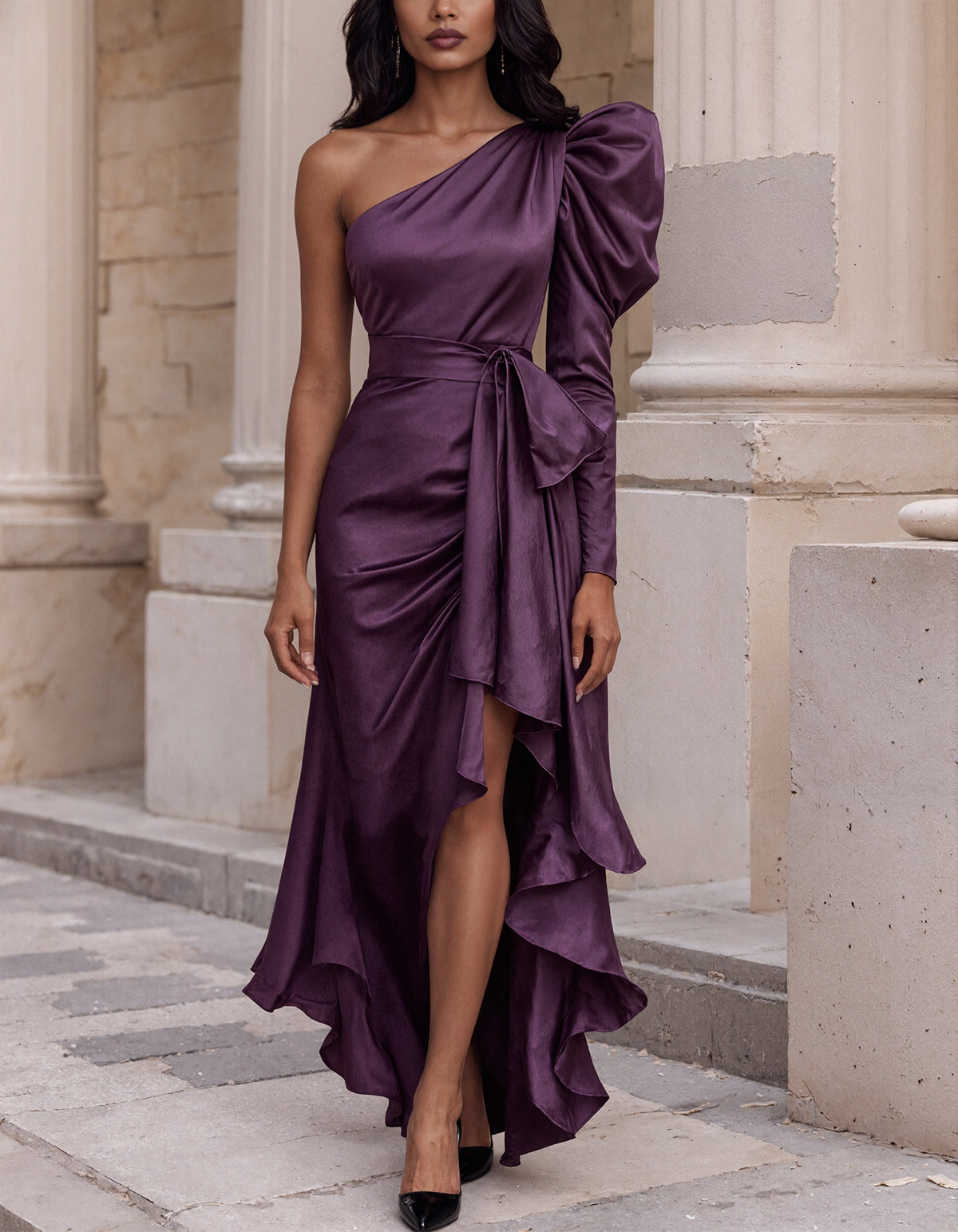 Purple Satin One Shoulder With Puffed Long Sleeves Maxi Dress