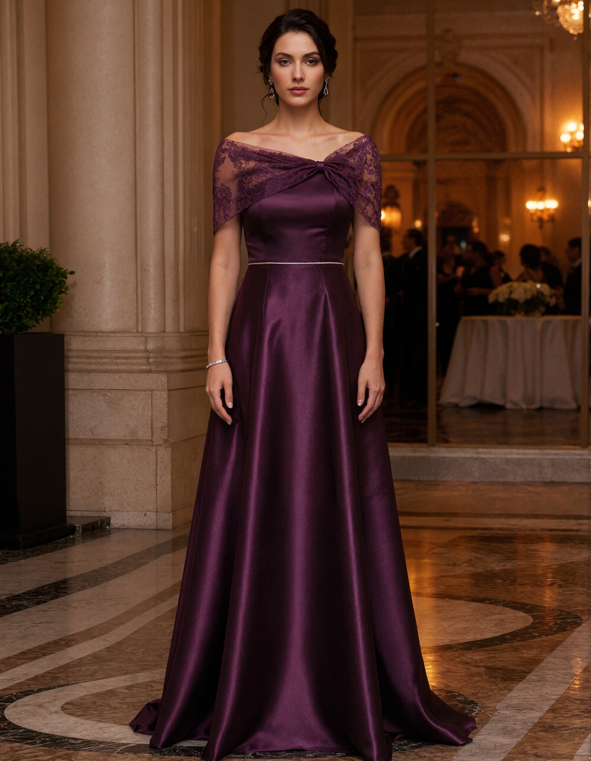 Purple Off The Shoulder Satin With Lace Paneling Maxi Dress