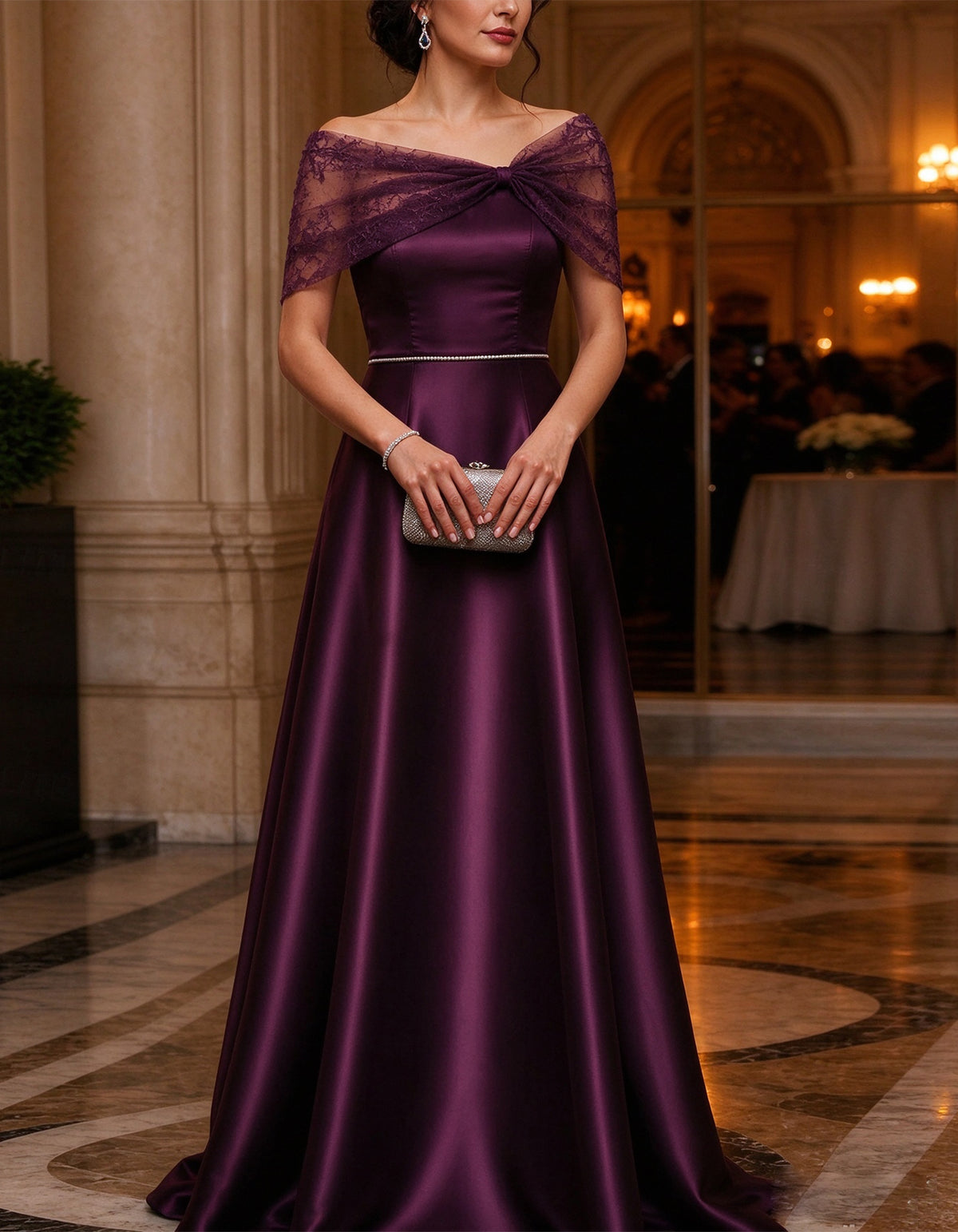 Purple Off The Shoulder Satin With Lace Paneling Maxi Dress