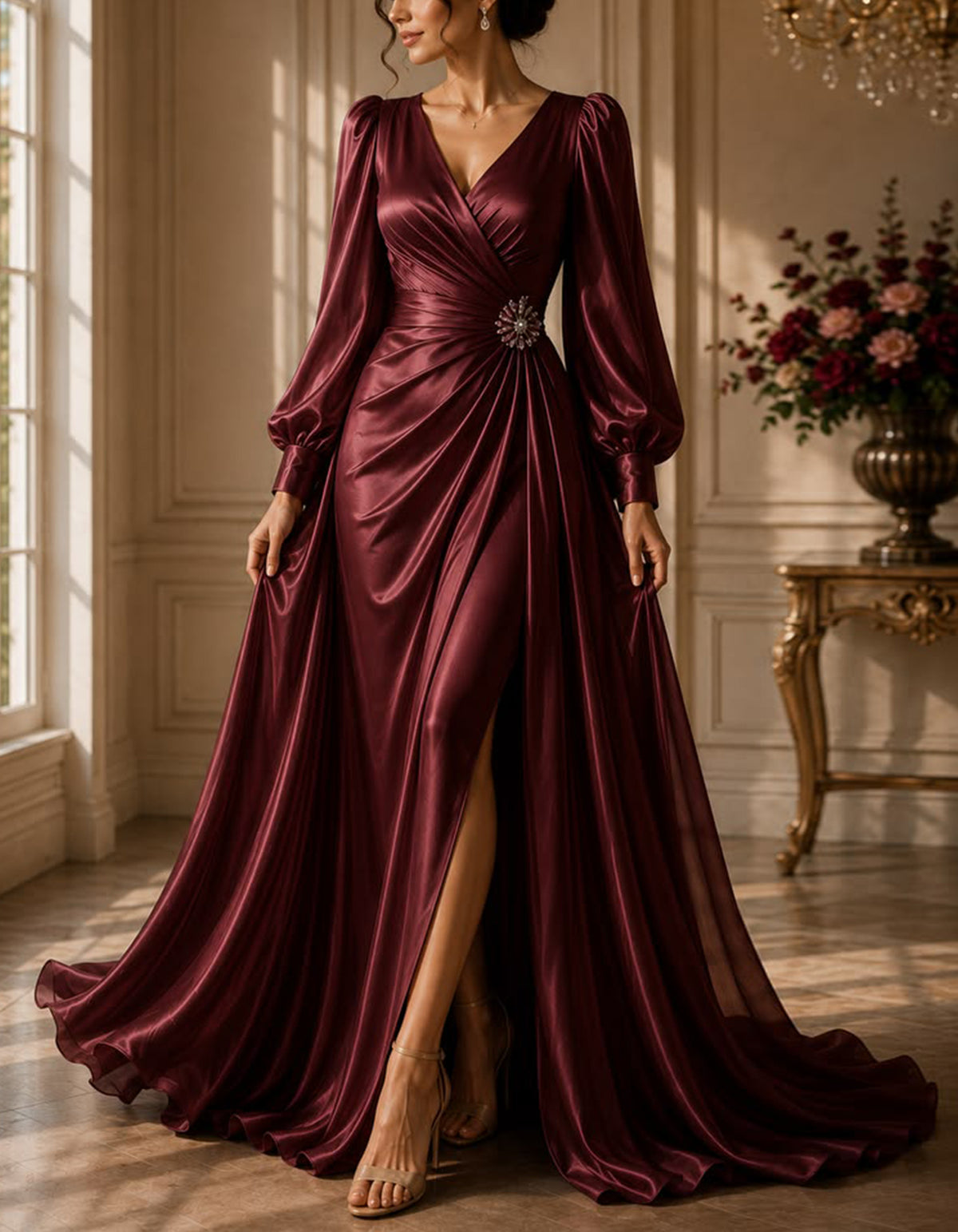 Burgundy Satin Deep-V With Long Puff Sleeves Maxi Dress