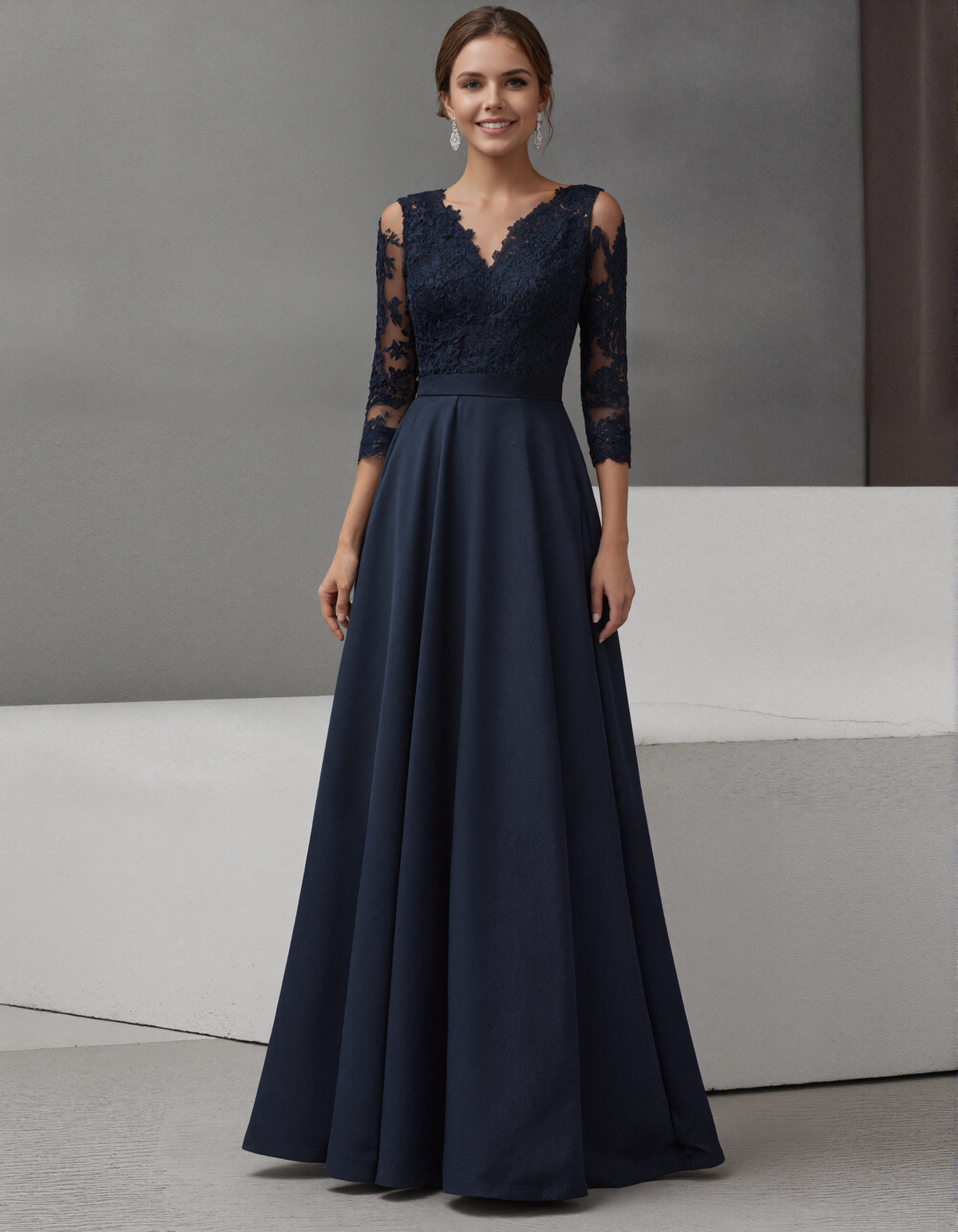 Dark Blue Lace And Chiffon A-line Maxi Dress