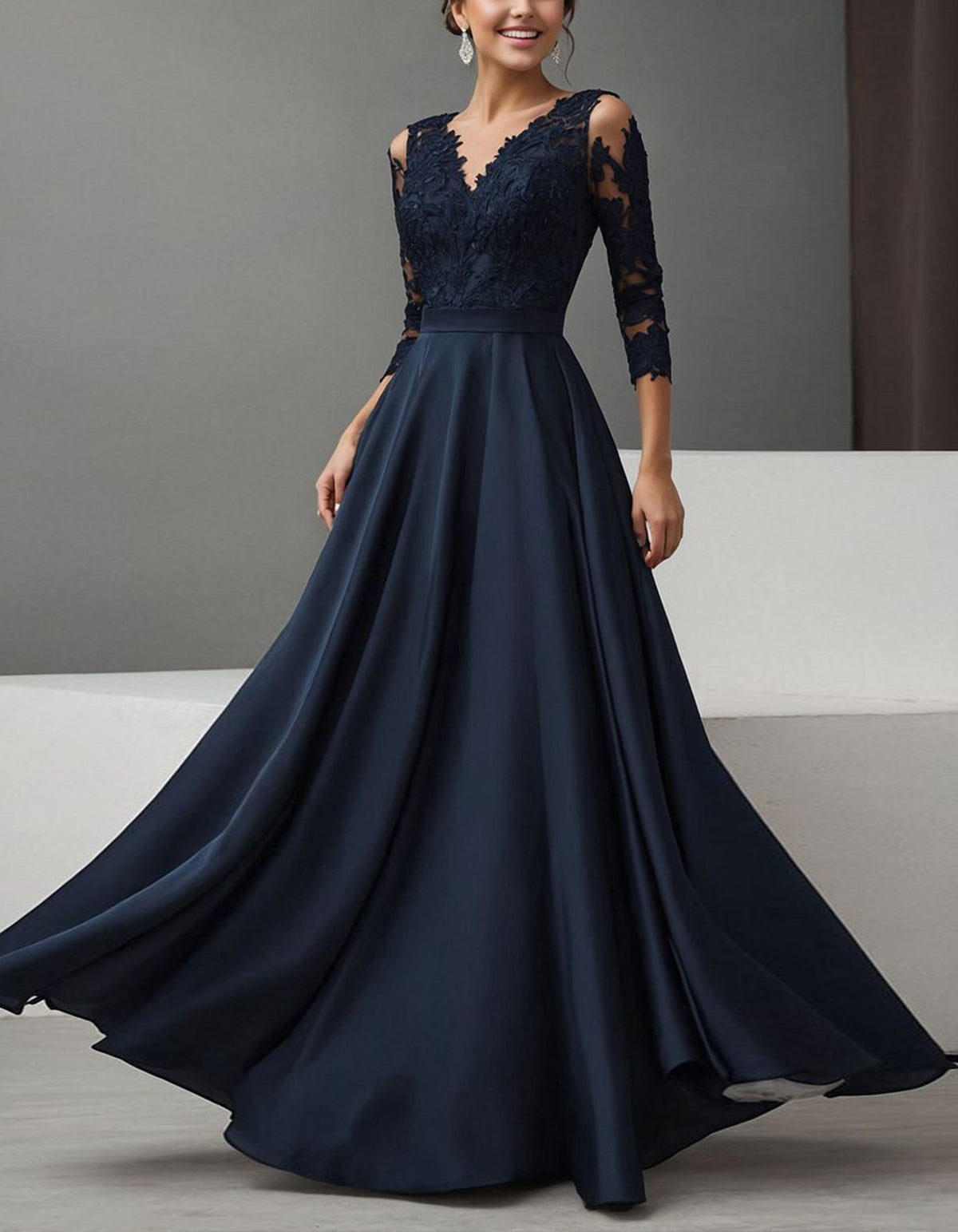 Dark Blue Lace And Chiffon A-line Maxi Dress