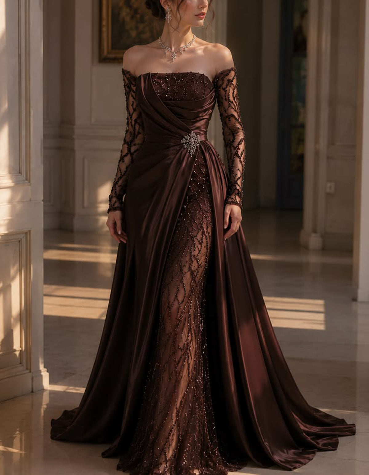 Brown Off The Shoulder Sequined Satin Maxi Dress