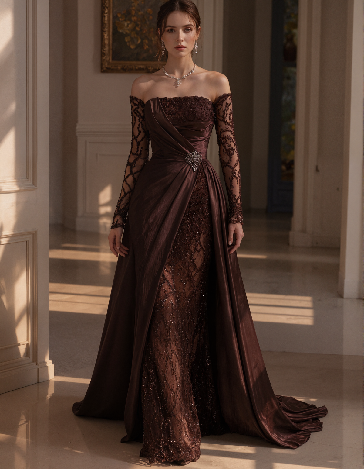 Brown Off The Shoulder Sequined Satin Maxi Dress