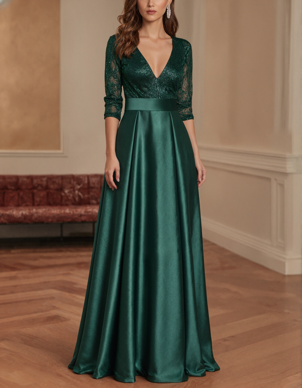 Green A-line Sequin Lace Maxi Dress