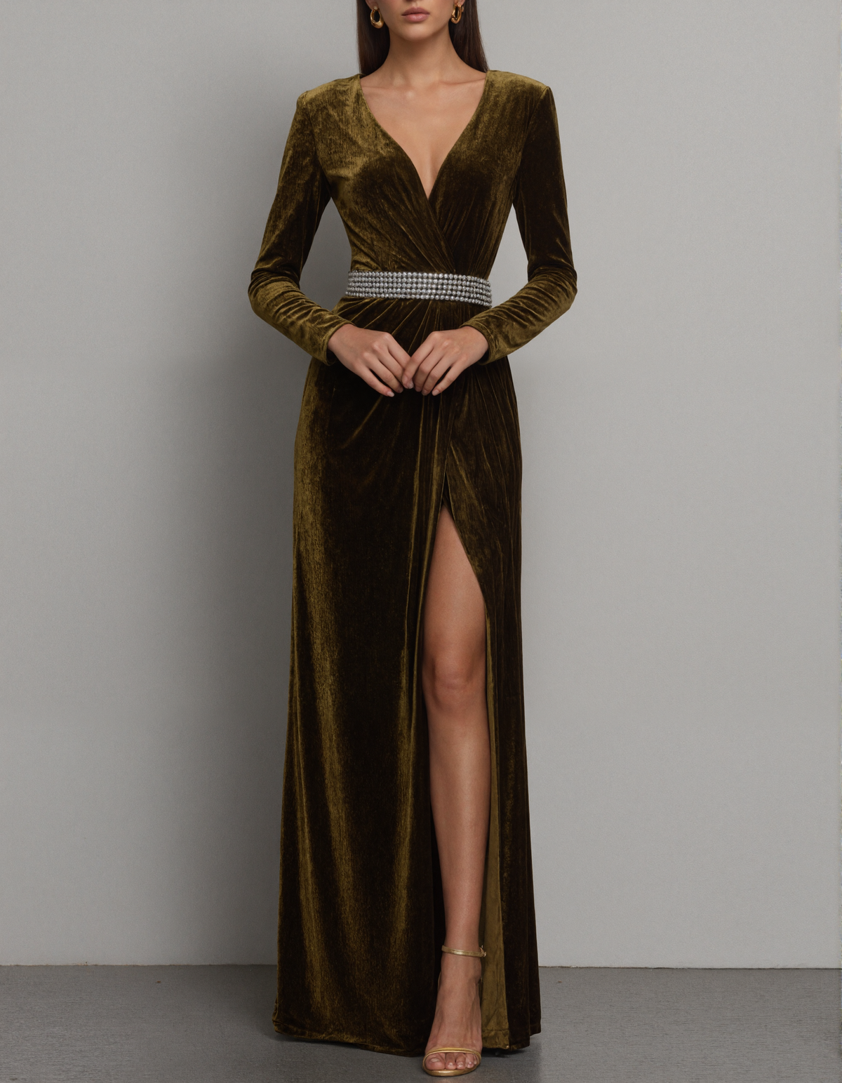 Olive Green Velvet V-Neck Maxi Dress