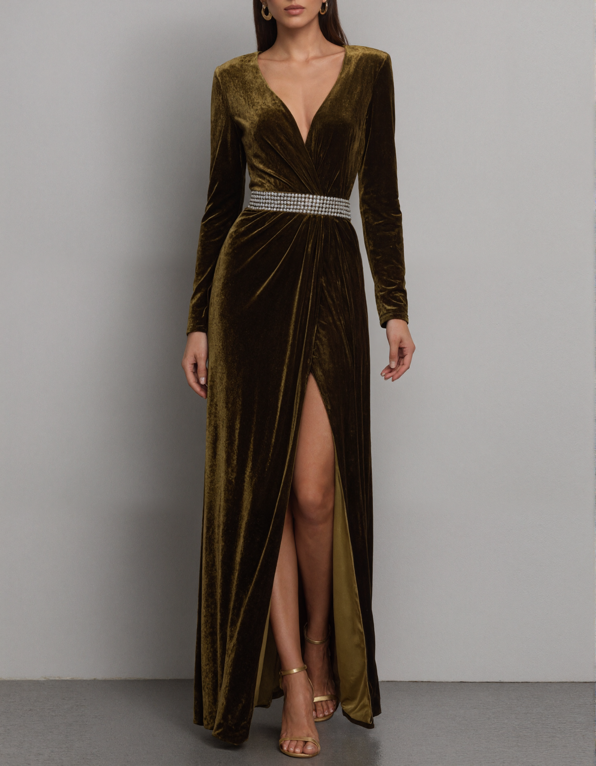 Olive Green Velvet V-Neck Maxi Dress