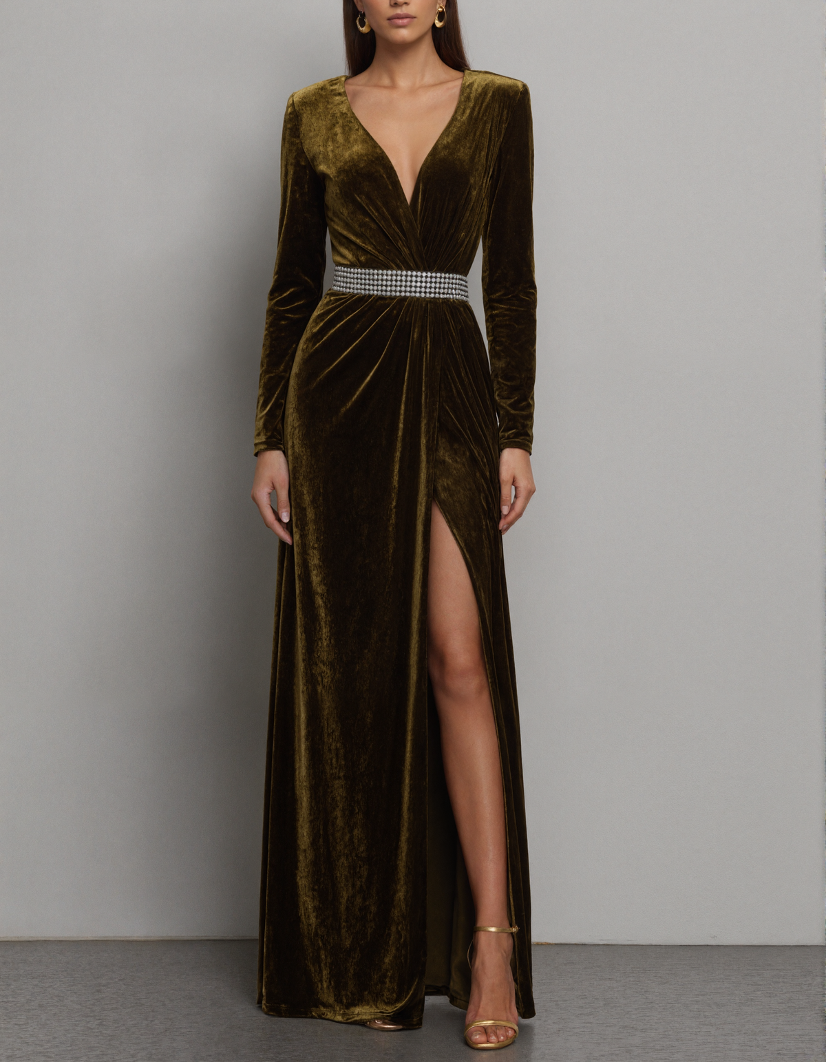 Olive Green Velvet V-Neck Maxi Dress