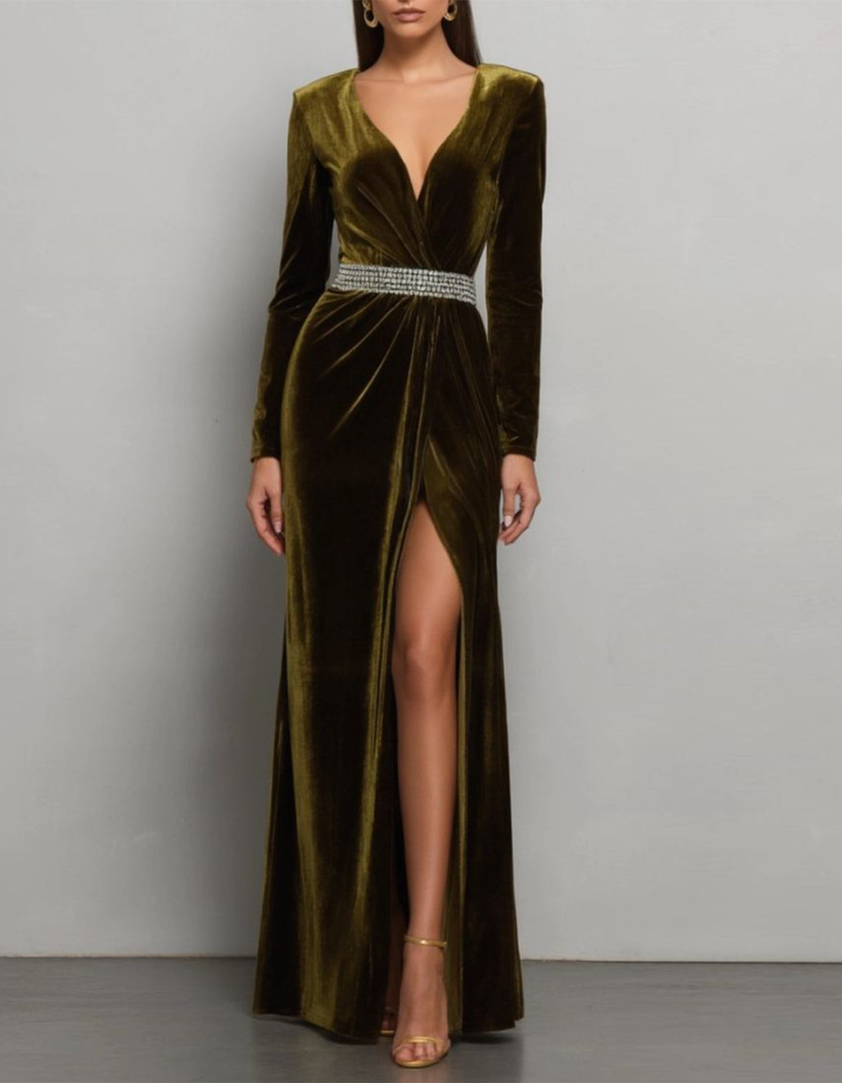 Olive Green Velvet V-Neck Maxi Dress