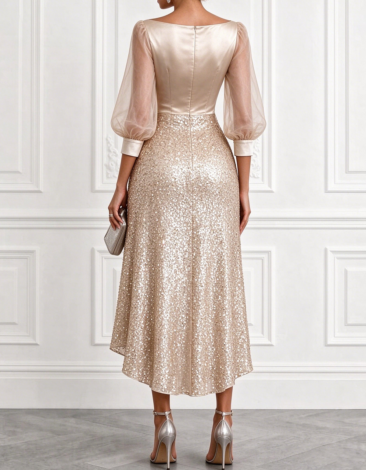 Champagne Boat Neck Sheer Puff Sleeve Sequin High Low Midi Dress
