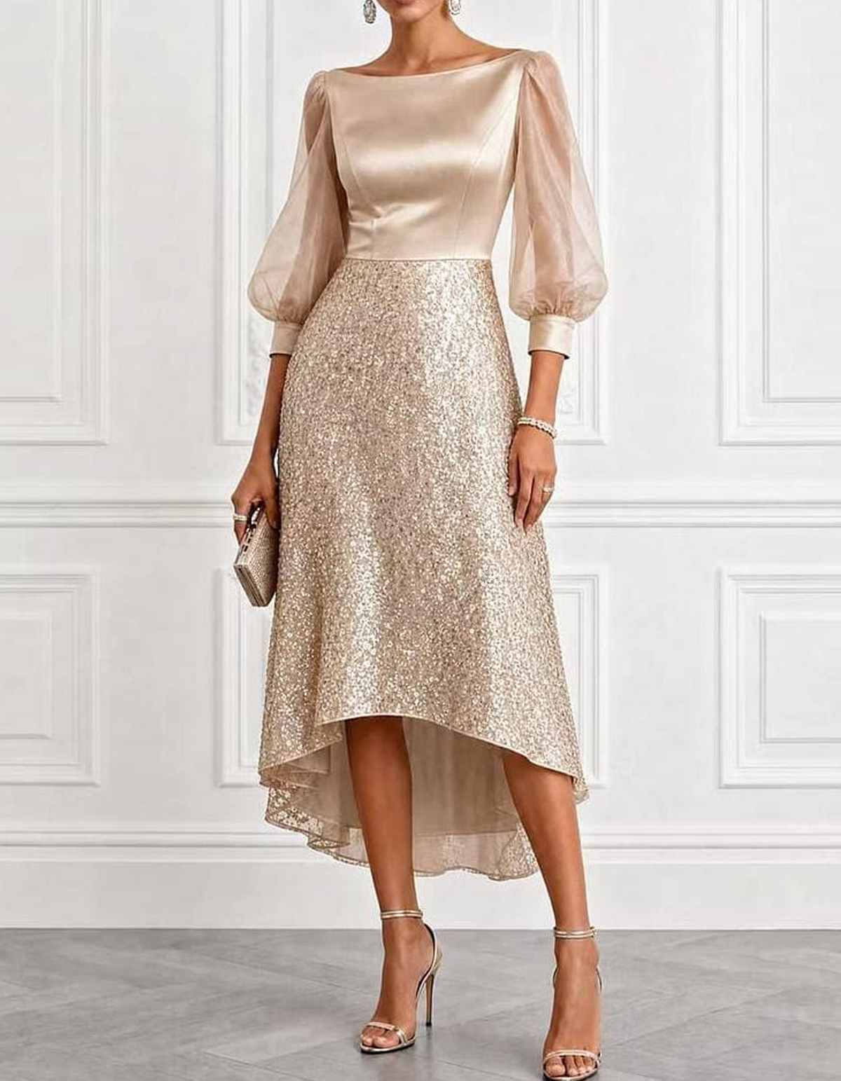 Champagne Boat Neck Sheer Puff Sleeve Sequin High Low Midi Dress