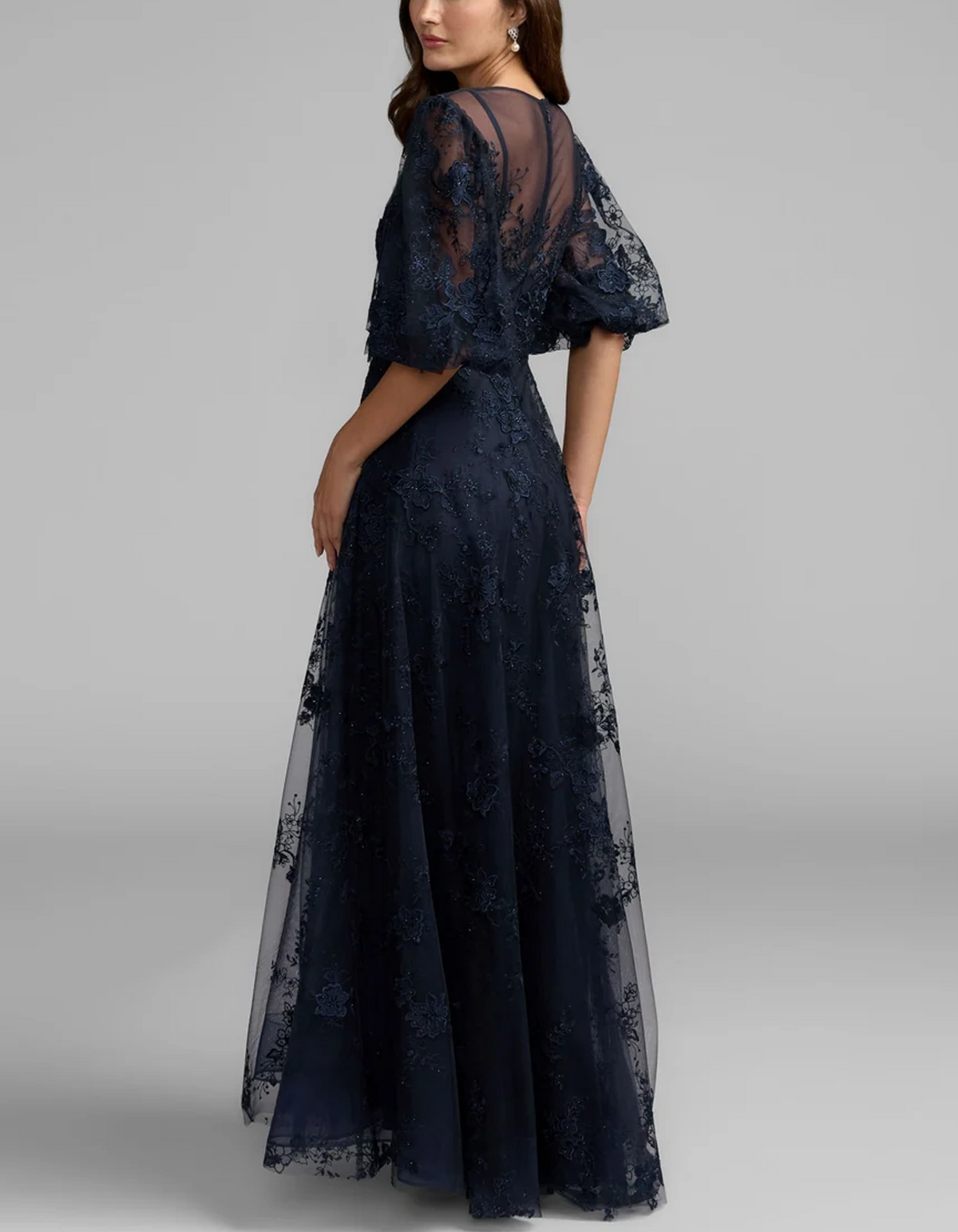 Navy Illusion Neck Puff Sleeve 3D Floral Lace A-Line Floor Length Maxi Dress