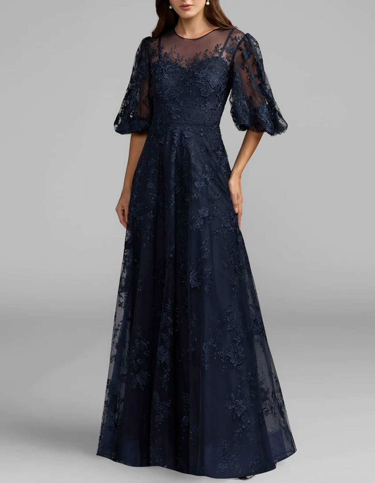 Navy Illusion Neck Puff Sleeve 3D Floral Lace A-Line Floor Length Maxi Dress