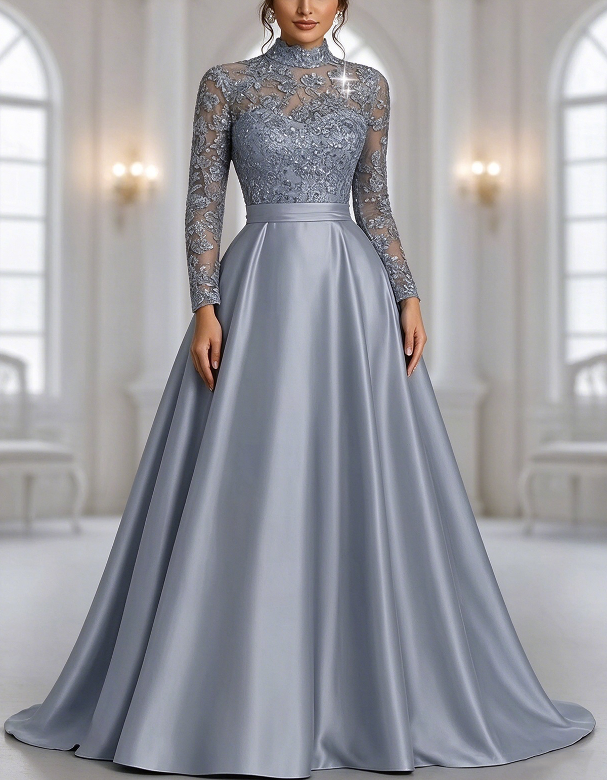 Silver Grey Illusion High Neck Long Lace Sleeve Maxi Dress
