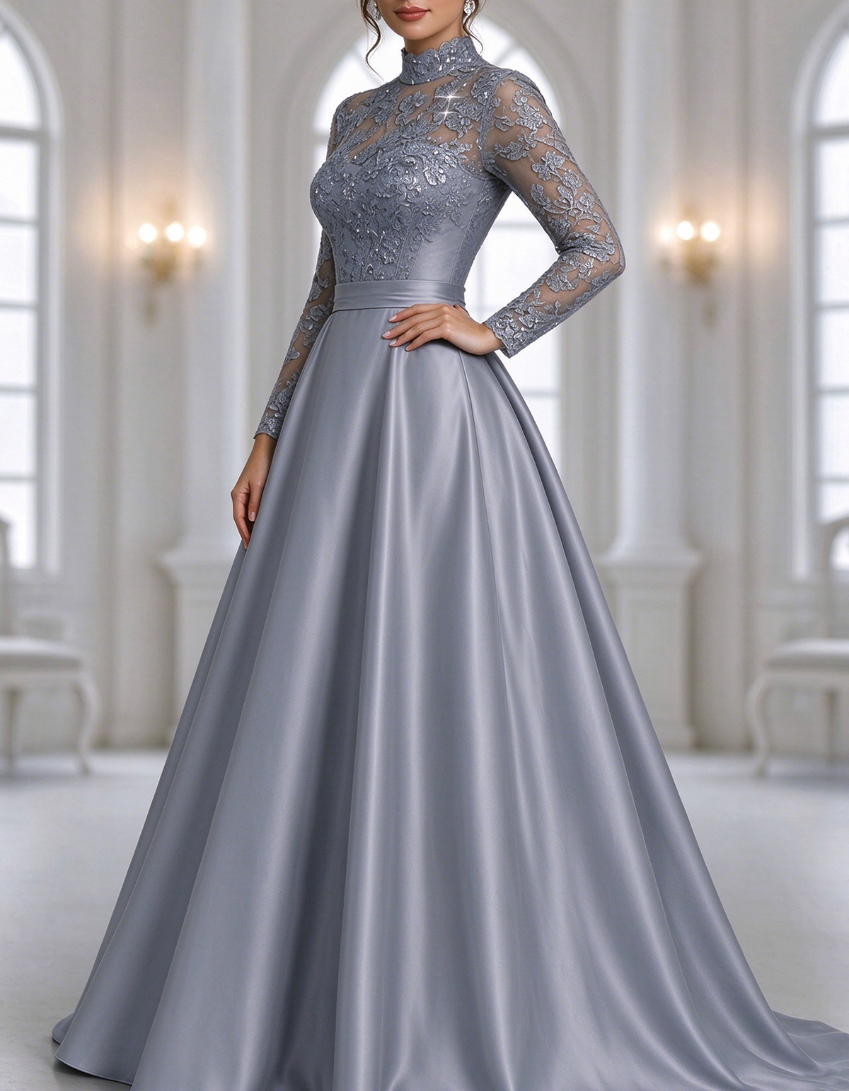 Silver Grey Illusion High Neck Long Lace Sleeve Maxi Dress