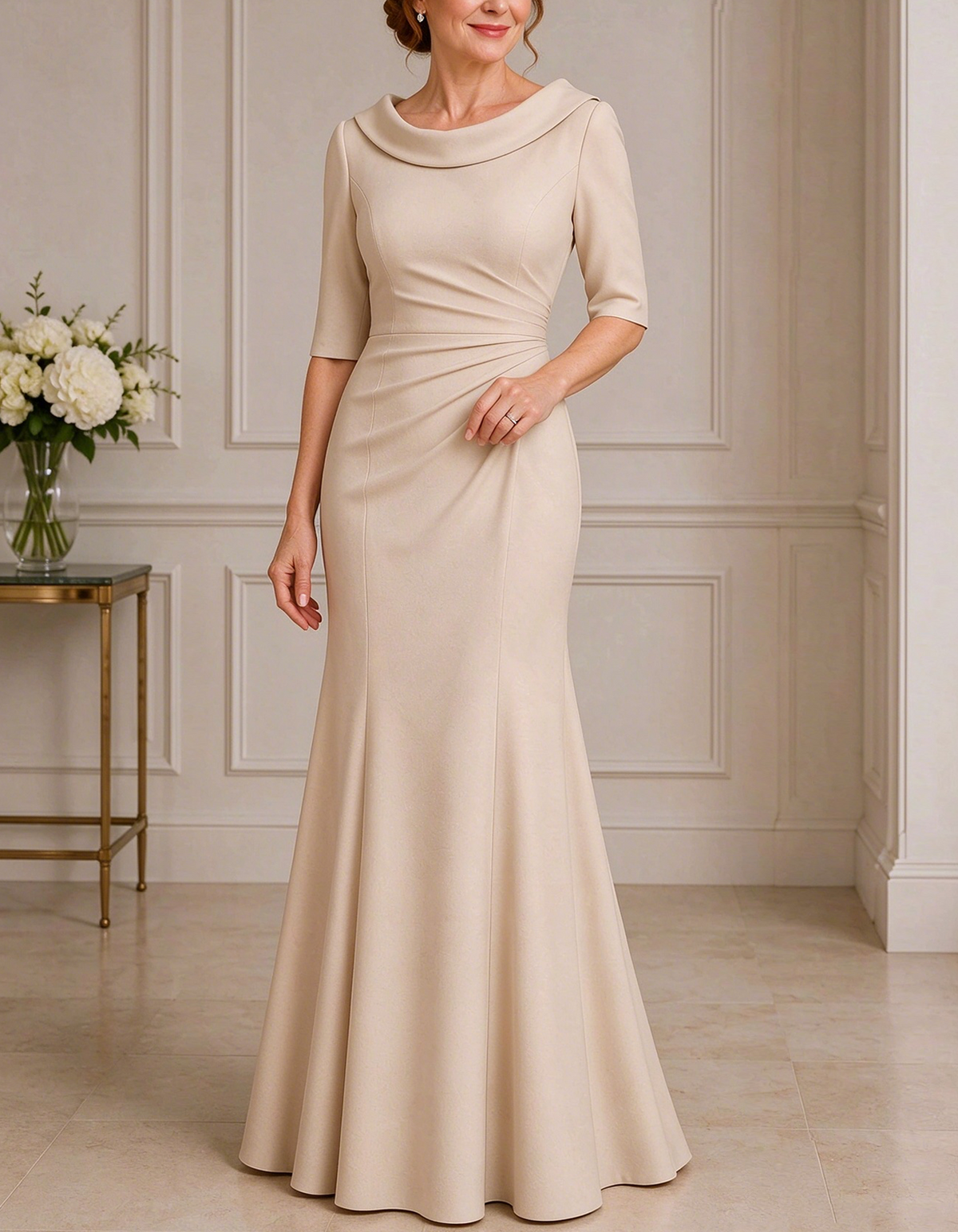 Draped Cowl Neck Elbow Sleeve Maxi Dress