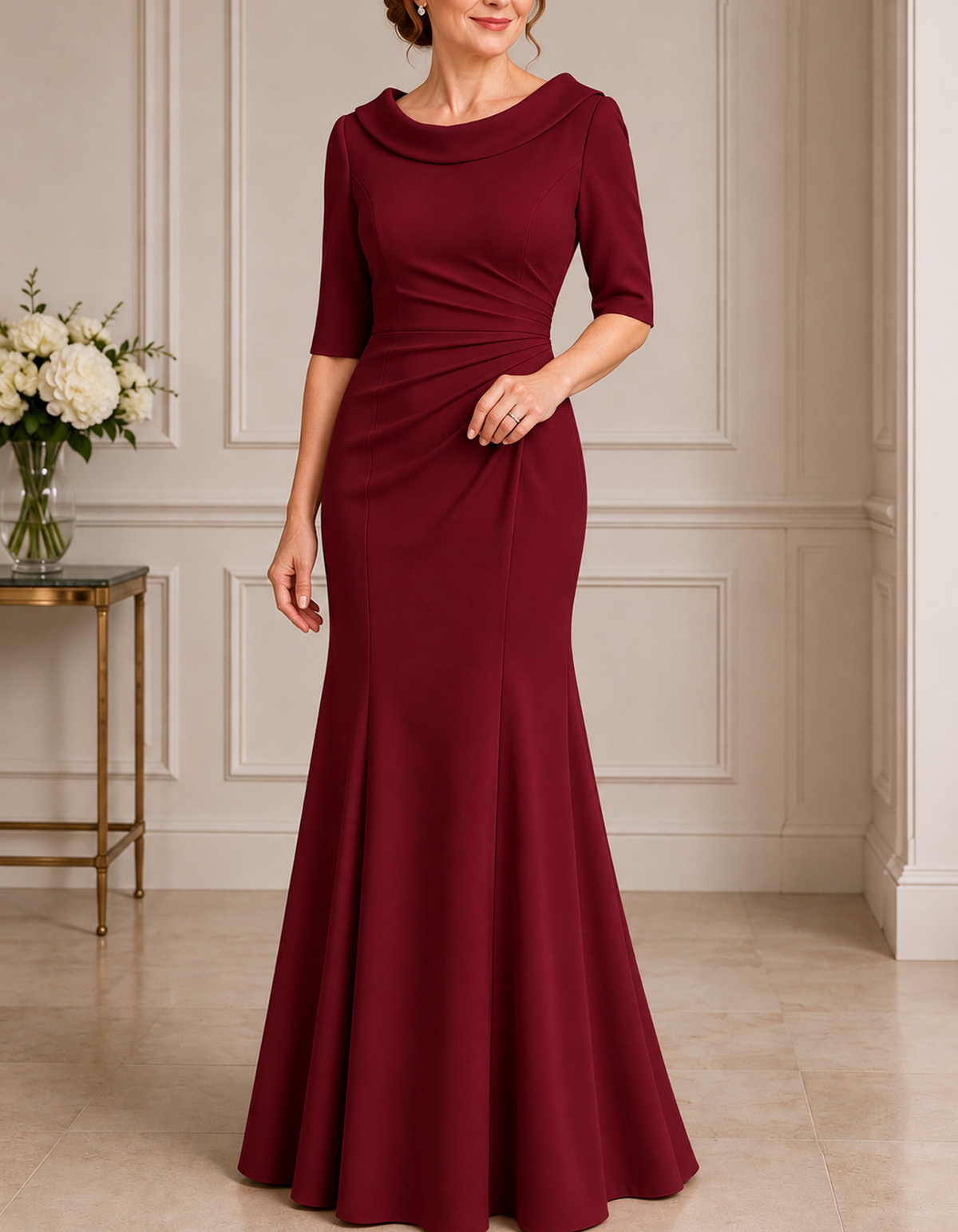 Draped Cowl Neck Elbow Sleeve Maxi Dress