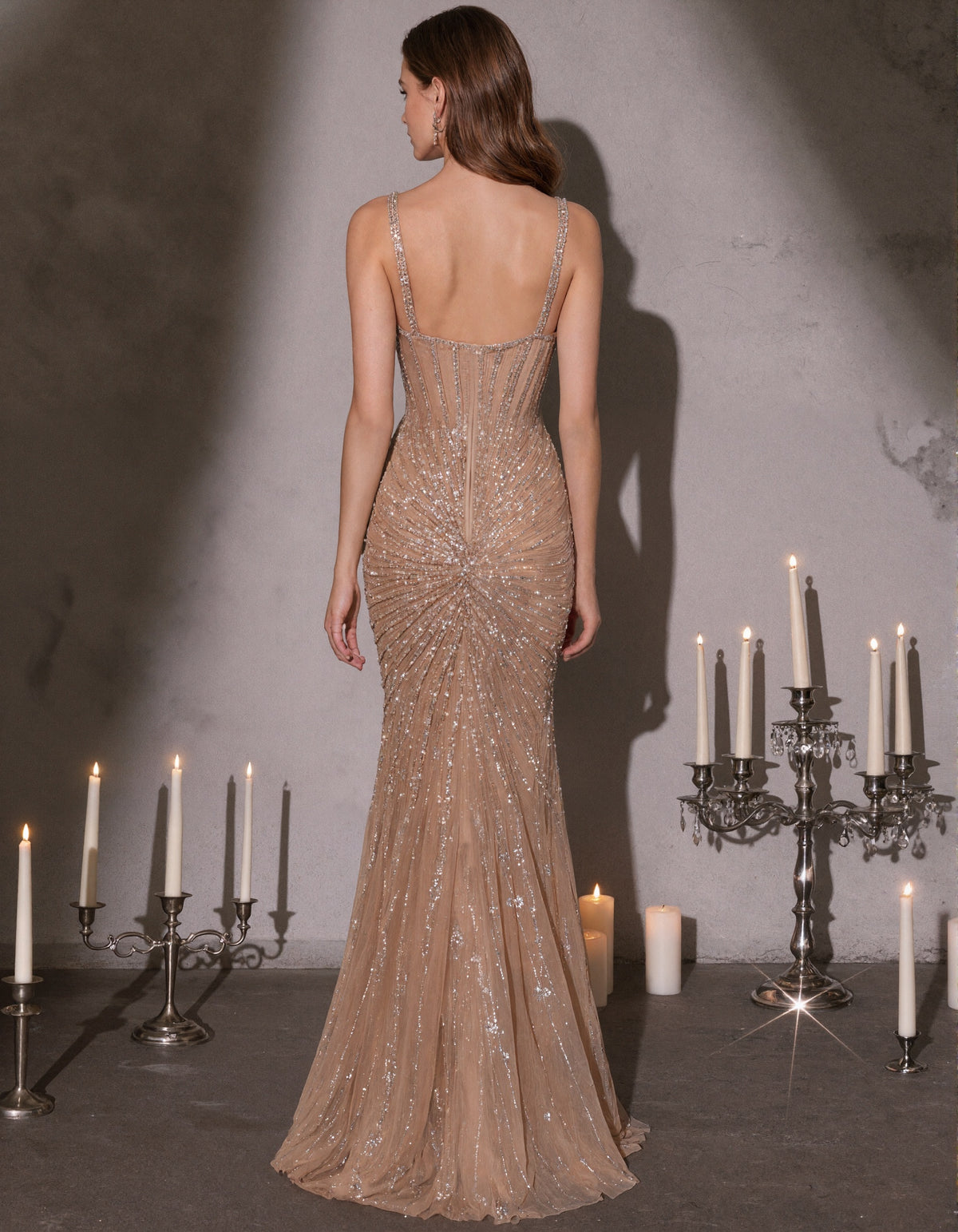 Champagne Beaded Mermaid Evening Gown