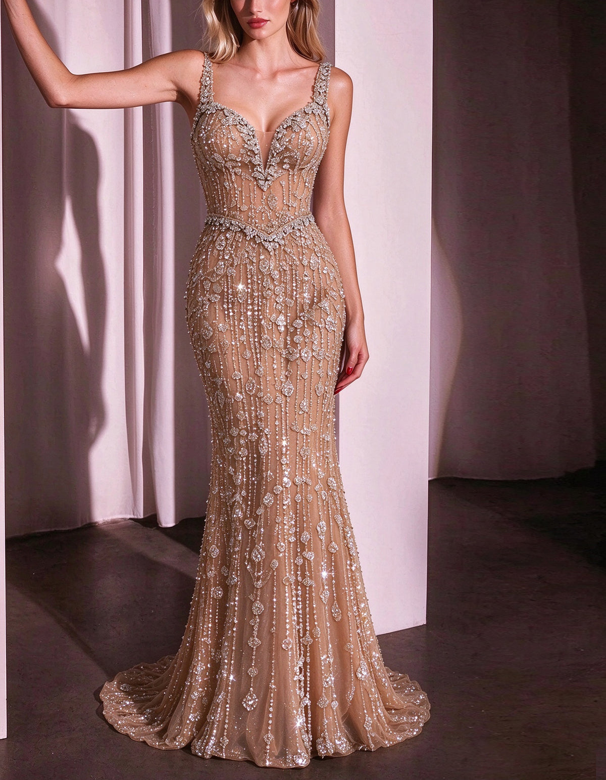 Champagne Colored Beaded Spaghetti Strap Mermaid Evening Gown