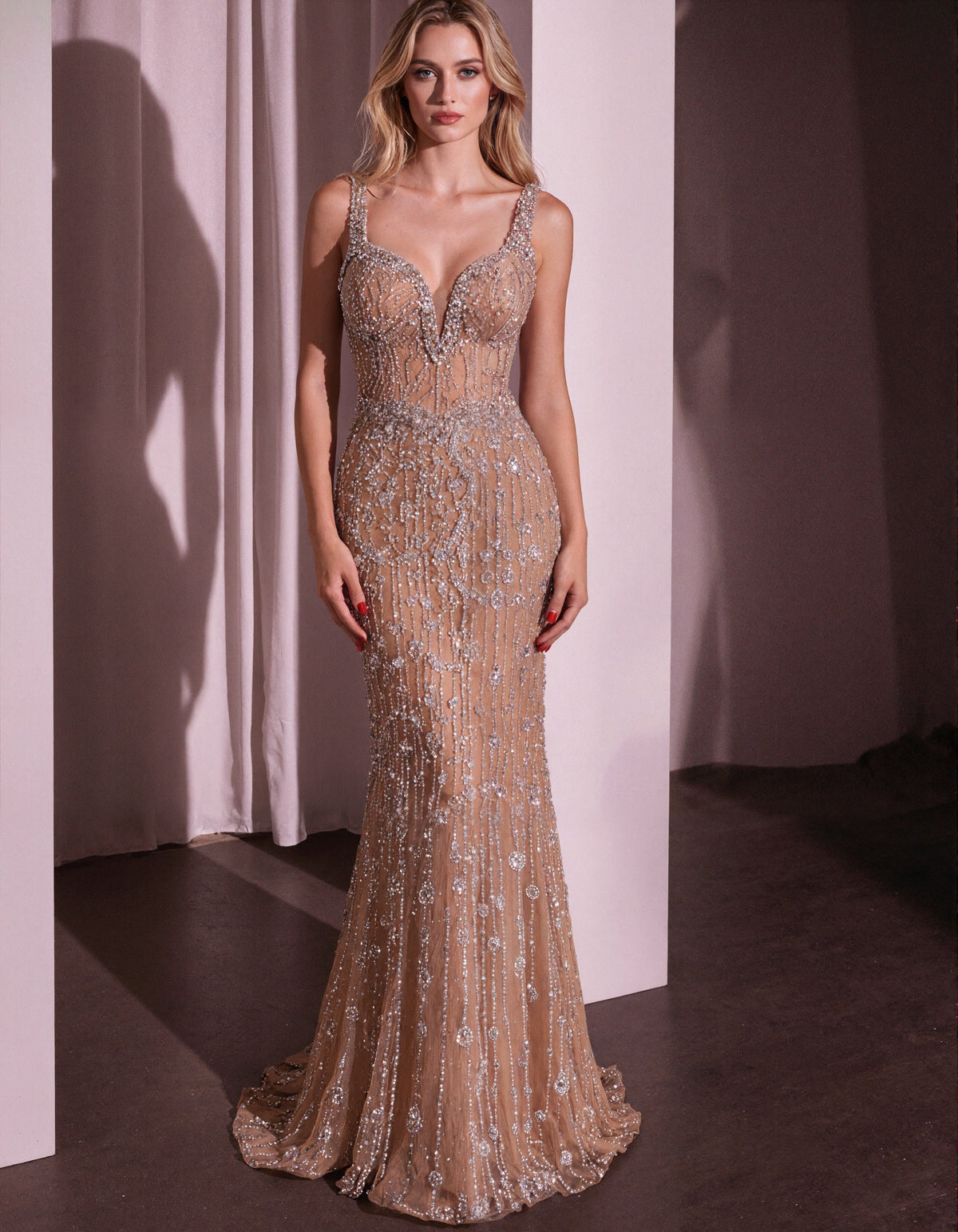 Champagne Colored Beaded Spaghetti Strap Mermaid Evening Gown