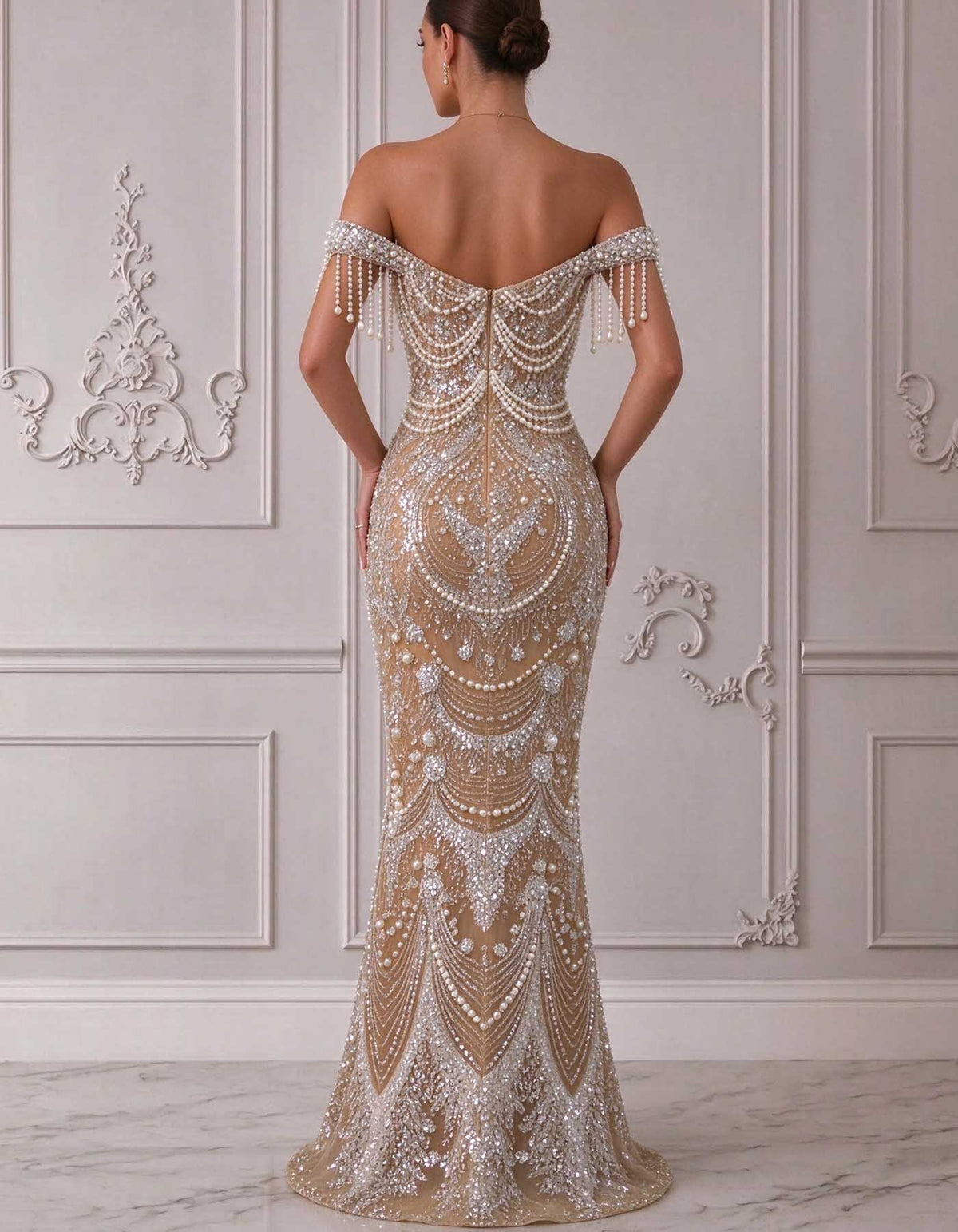 Nude Off Shoulder Fringe Pearl Rhinestone Beaded Evening Gown