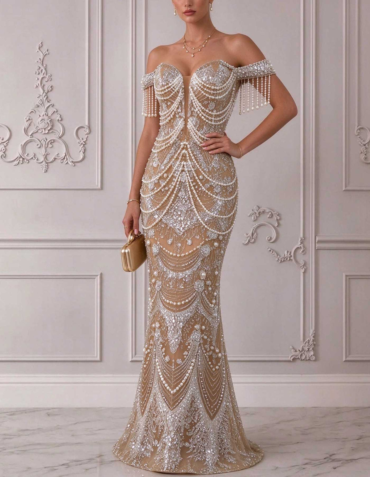Nude Off Shoulder Fringe Pearl Rhinestone Beaded Evening Gown