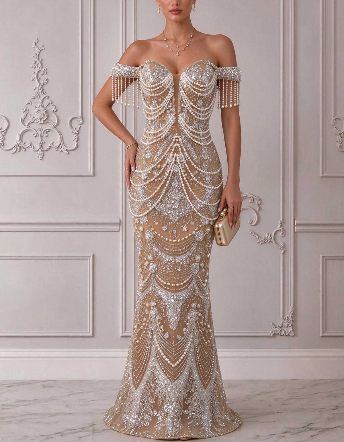 Nude Off Shoulder Fringe Pearl Rhinestone Beaded Evening Gown