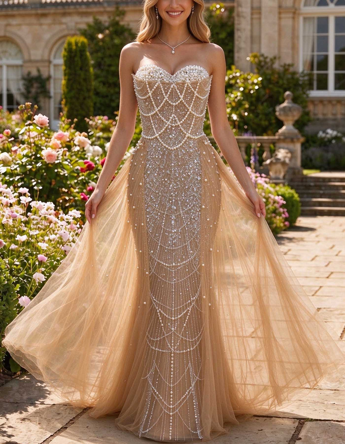 Champagne Strapless Pearl Rhinestone Beaded A-Line Evening Gown