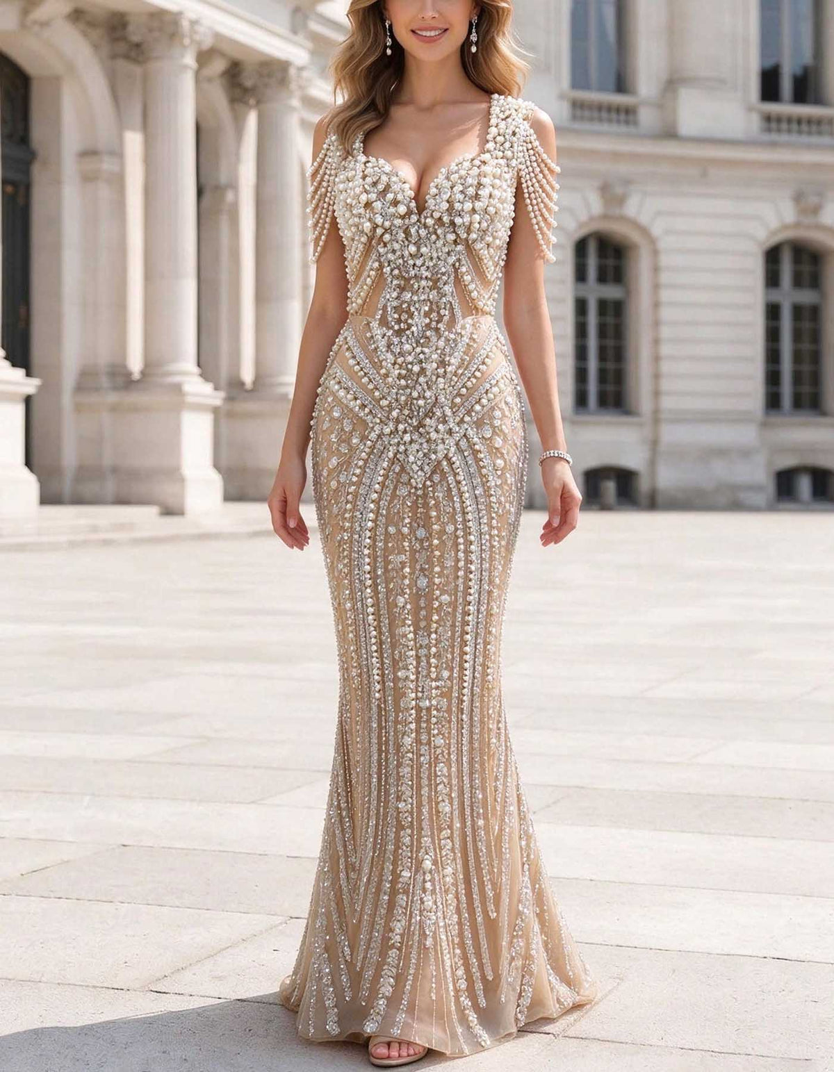 Nude Deep V Pearl Fringe Rhinestone Beaded Evening Gown