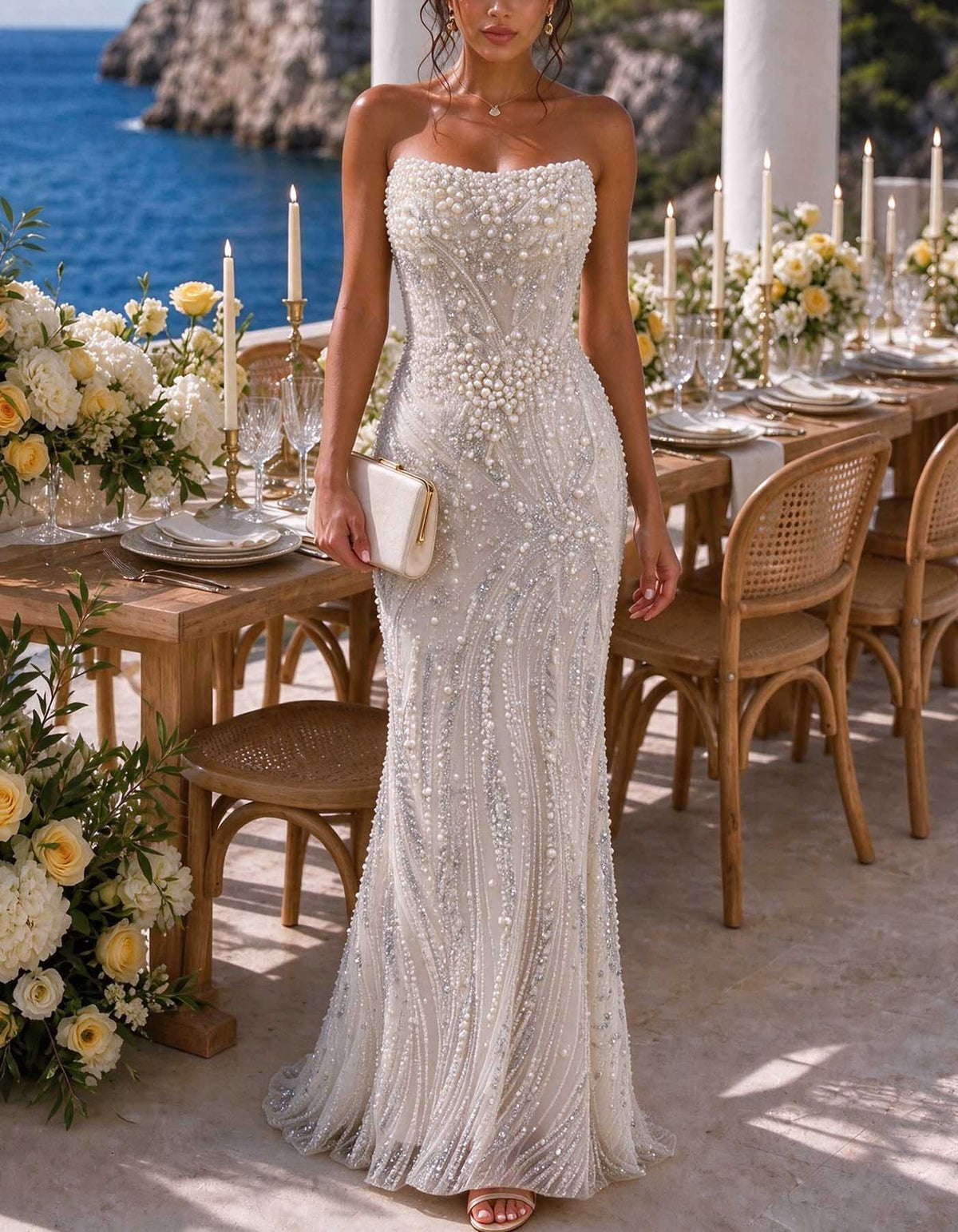 White Strapless Pearl Rhinestone Beaded Evening Gown