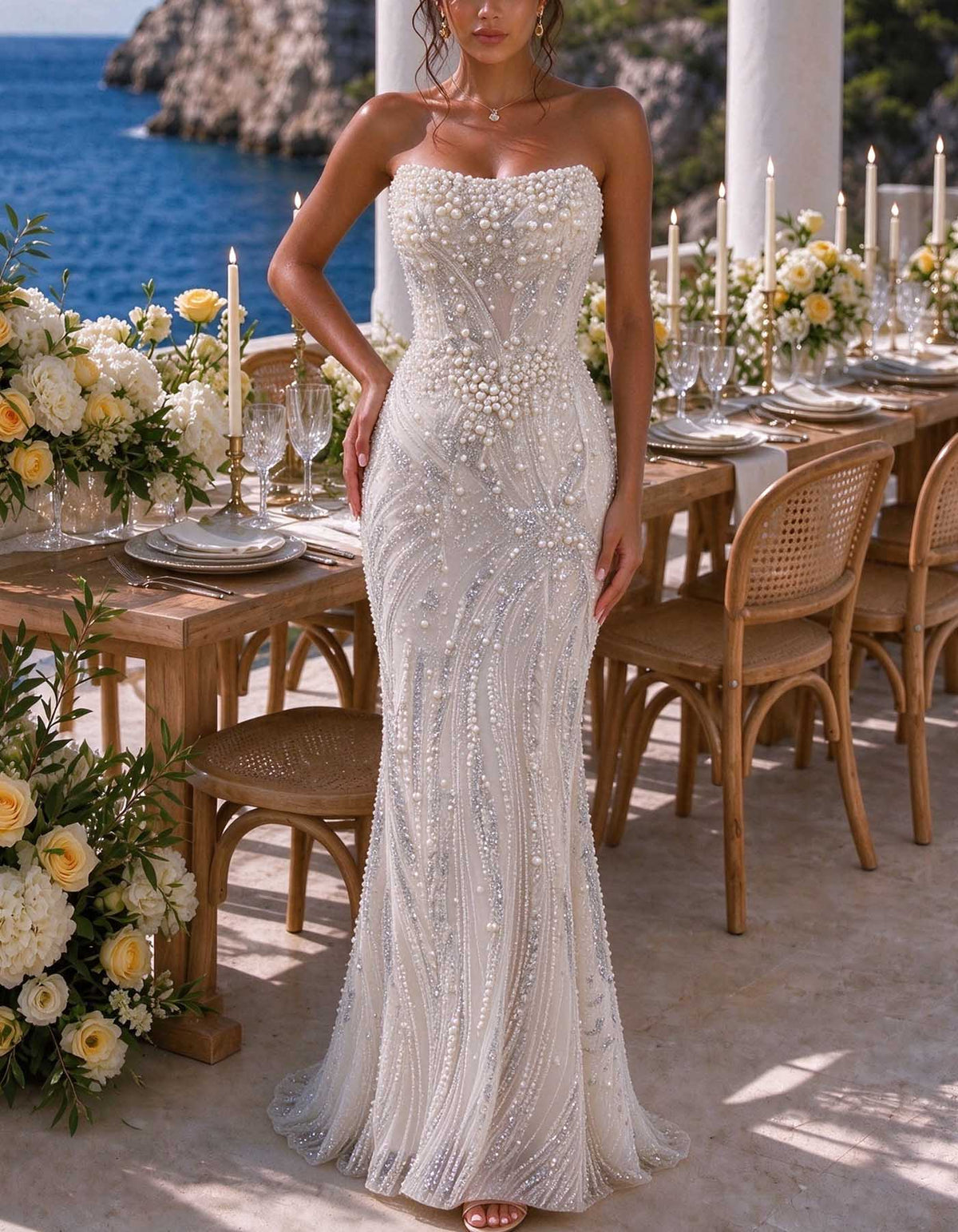 White Strapless Pearl Rhinestone Beaded Evening Gown
