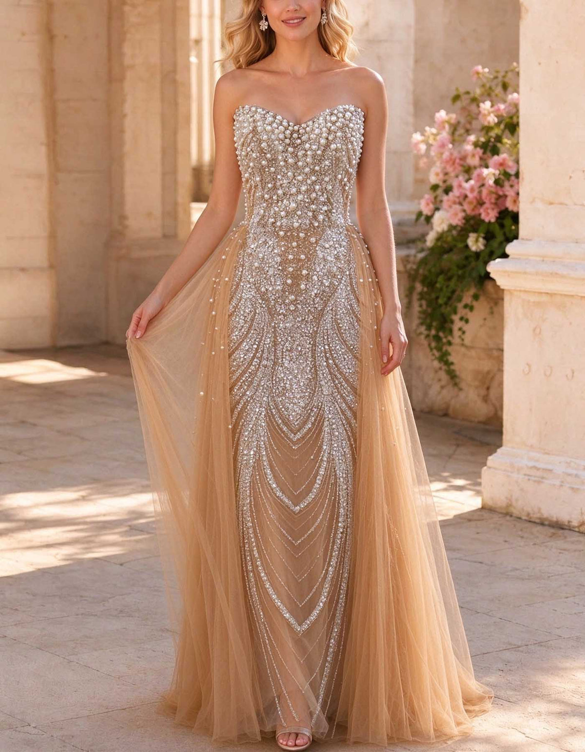 Champagne Strapless Pearl Rhinestone Beaded A-Line Evening Gown
