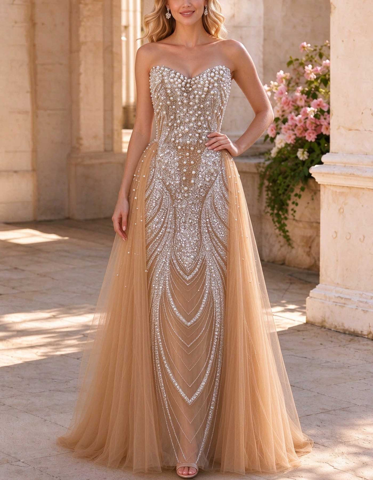 Champagne Strapless Pearl Rhinestone Beaded A-Line Evening Gown
