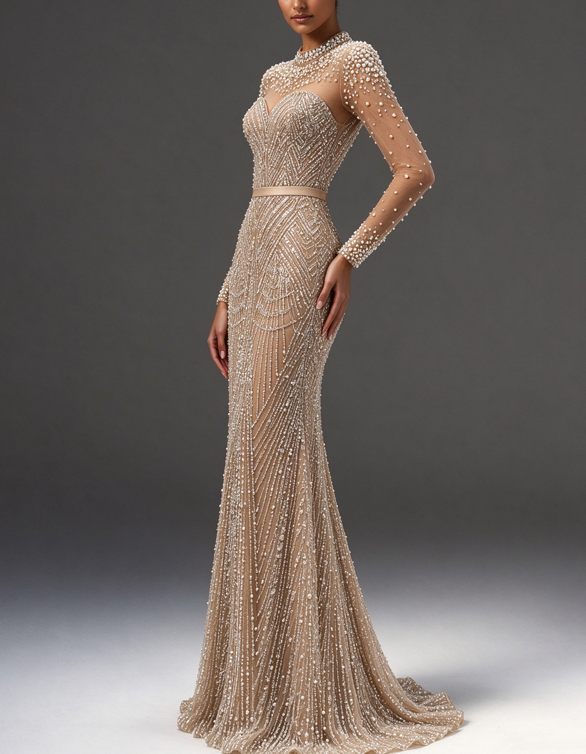 Champagne Nude High Neck Long Sheer Sleeve Mermaid Evening Gown
