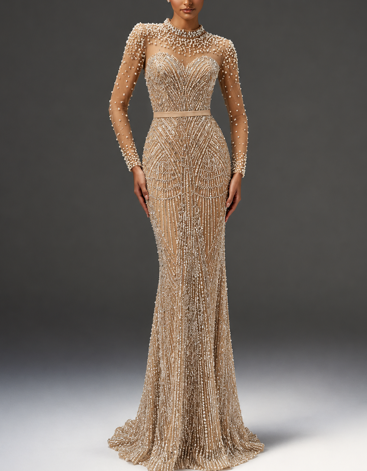 Champagne Nude High Neck Long Sheer Sleeve Mermaid Evening Gown
