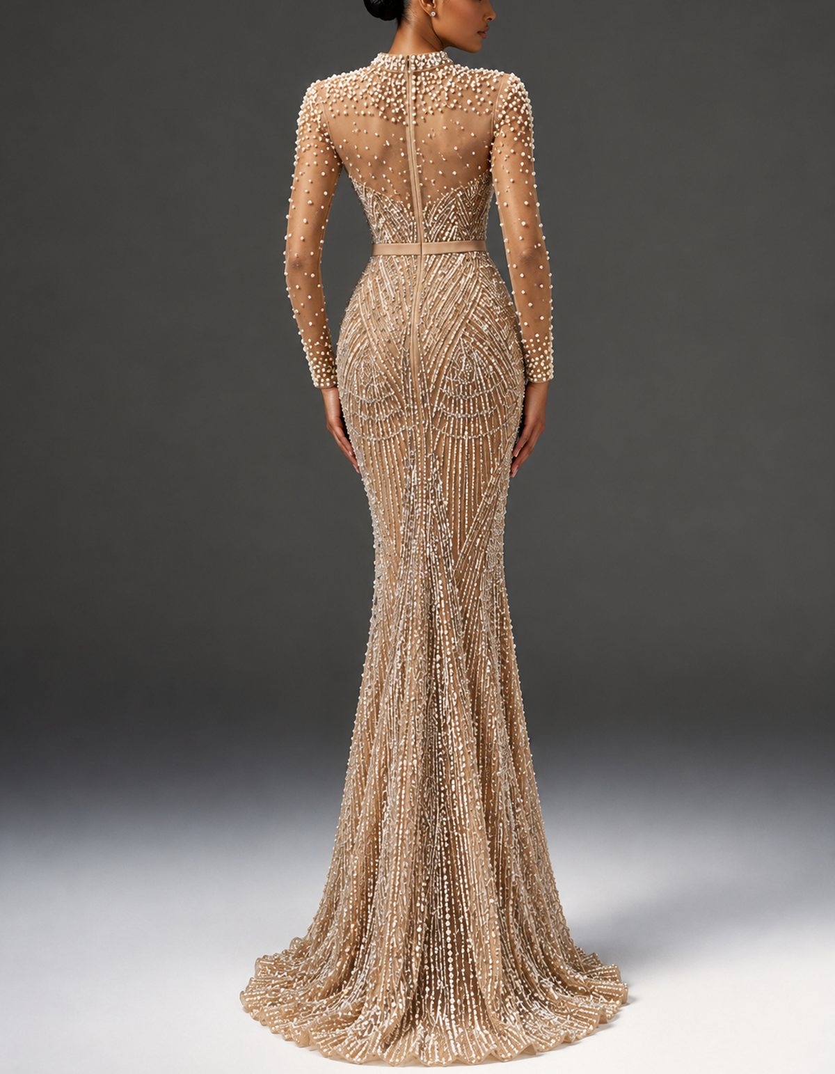 Champagne Nude High Neck Long Sheer Sleeve Mermaid Evening Gown
