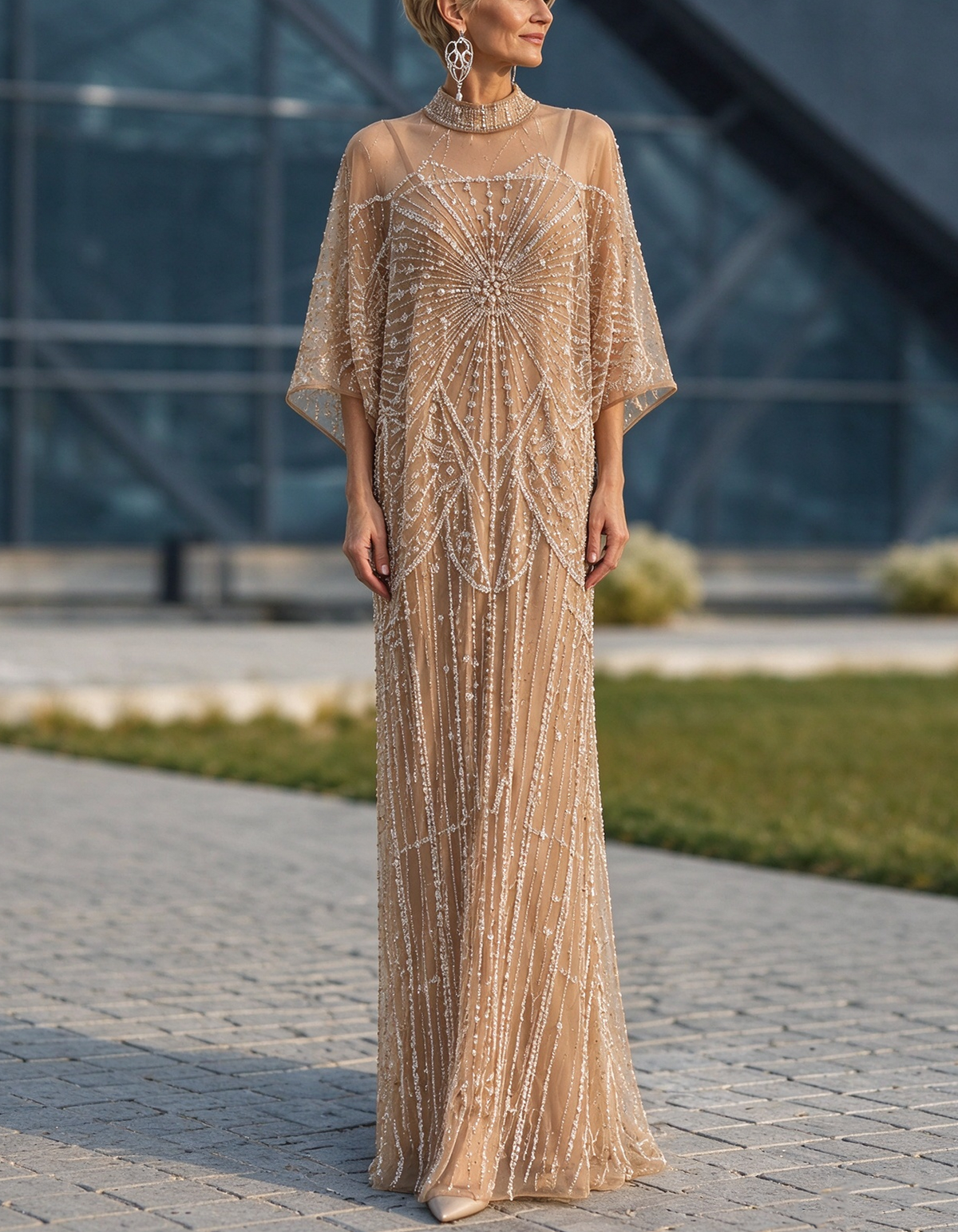 Champagne Nude High Neck Cape Sleeve Beaded Column Evening Gown