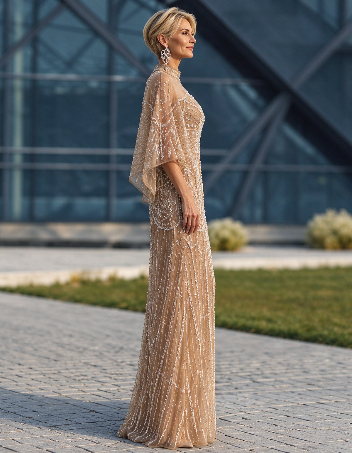 Champagne Nude High Neck Cape Sleeve Beaded Column Evening Gown