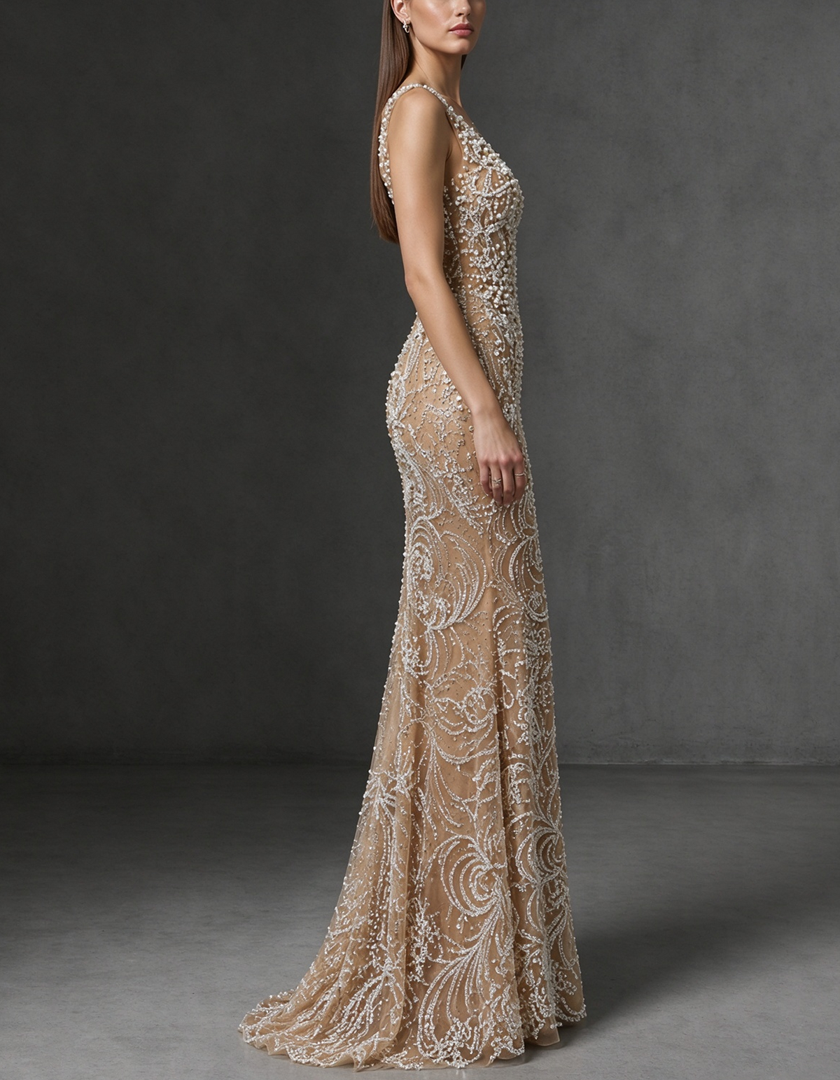 Champagne Nude Deep V Beaded Spaghetti Strap Mermaid Evening Gown