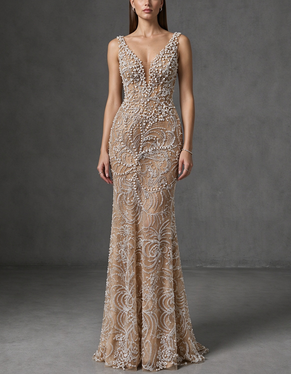 Champagne Nude Deep V Beaded Spaghetti Strap Mermaid Evening Gown